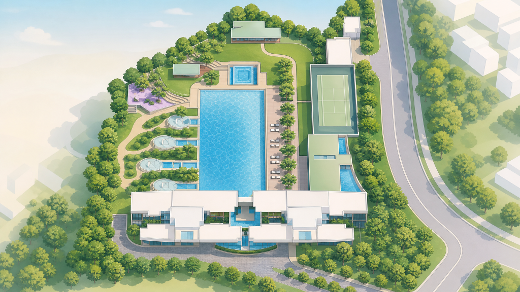 Martin Place Residences aerial view of the pool and grounds