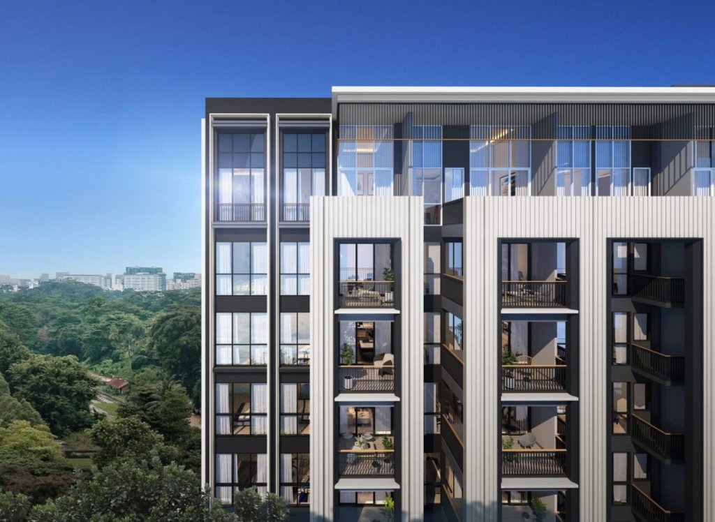 Mayfair Modern facade close-up against the forest