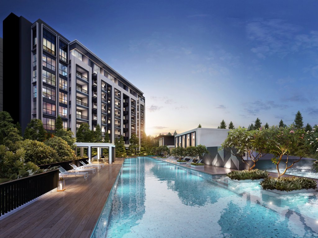 Mayfair Modern lap pool and block at sunset
