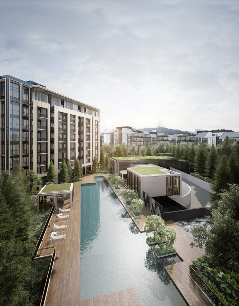 Mayfair Modern aerial view of the pool deck and clubhouse pavilions