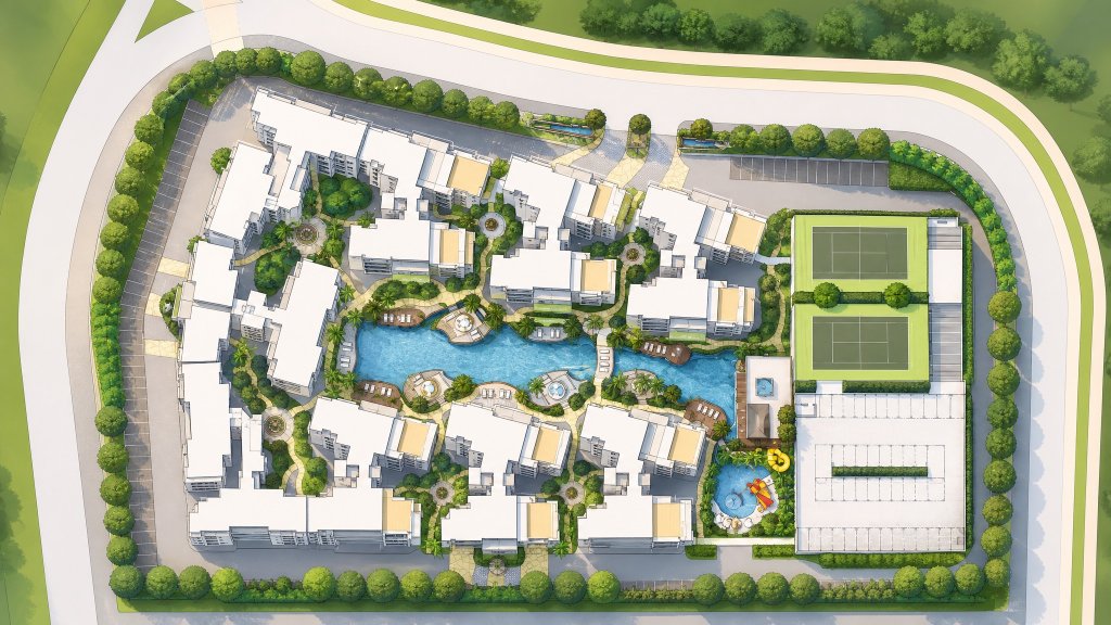Mi Casa aerial illustration of the site and facilities