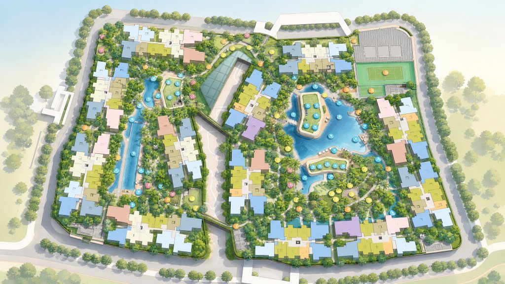 Mi Casa aerial illustration of the grounds and facilities