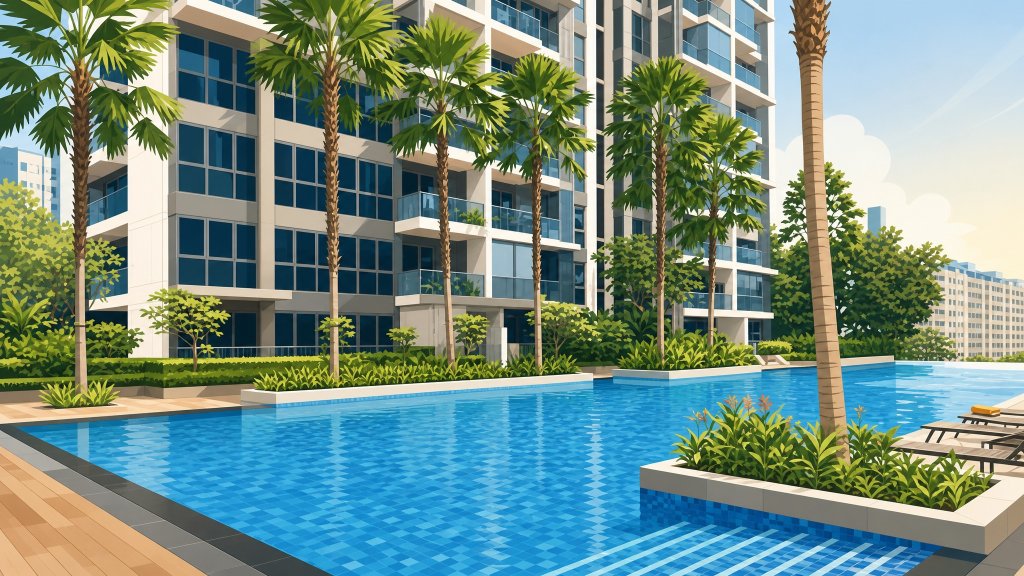 North Park Residences pool deck and tower framed by palms