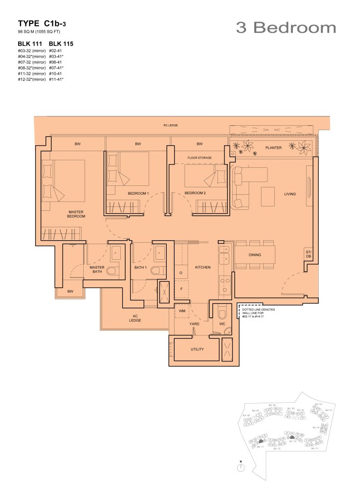 The Palette 3 bedroom floor plan, 1,055 sqft, Type C1b