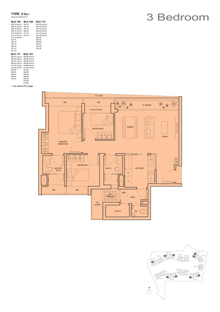 The Palette 3 bedroom floor plan, 1,066 sqft, Type C1a