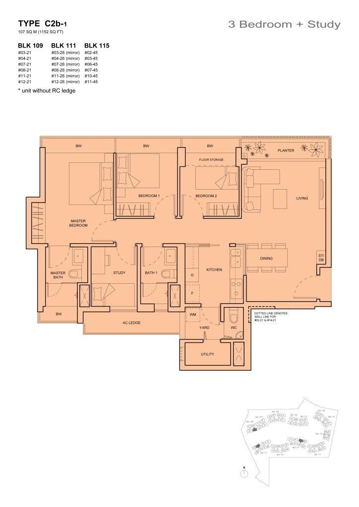 The Palette 3 bedroom floor plan, 1,152 sqft, Type C2b
