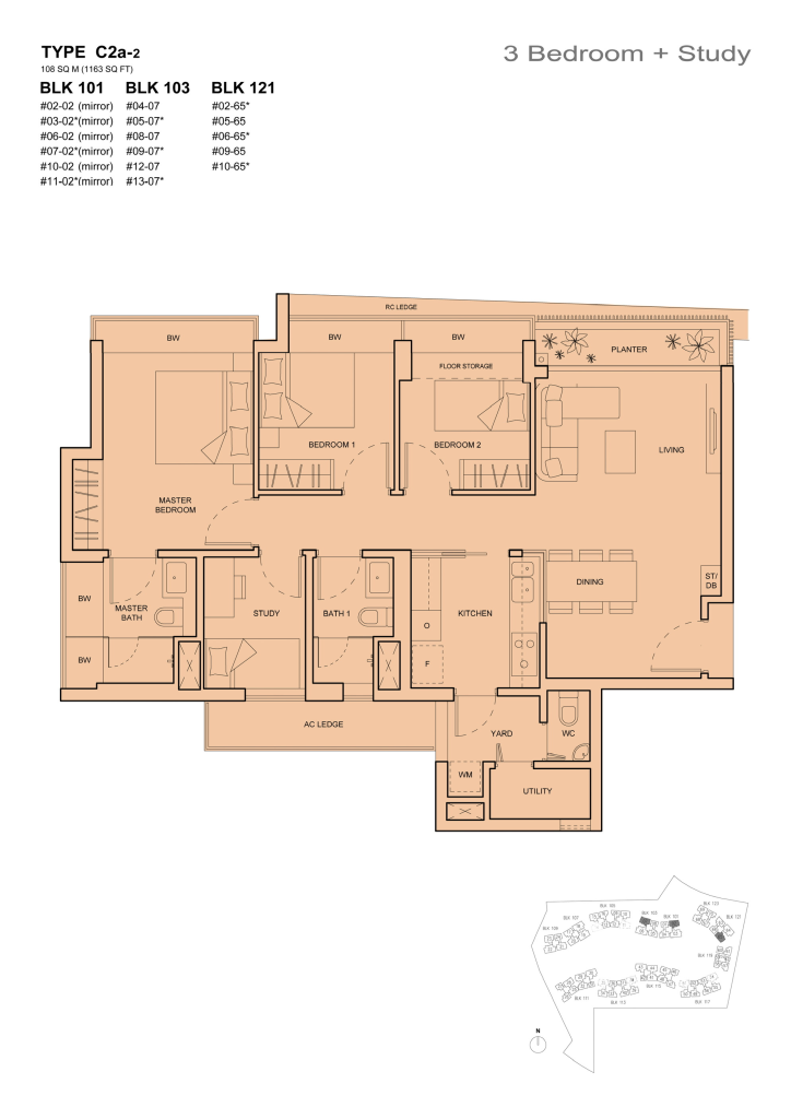 The Palette 3 bedroom floor plan, 1,163 sqft, Type C2a