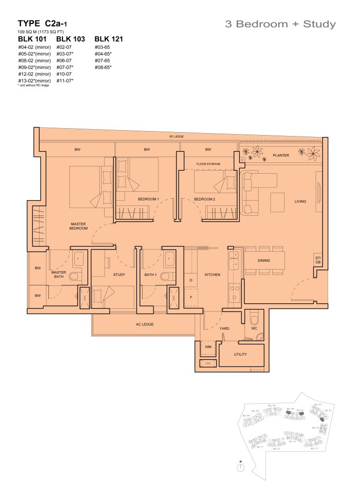 The Palette 3 bedroom floor plan, 1,173 sqft, Type C2a