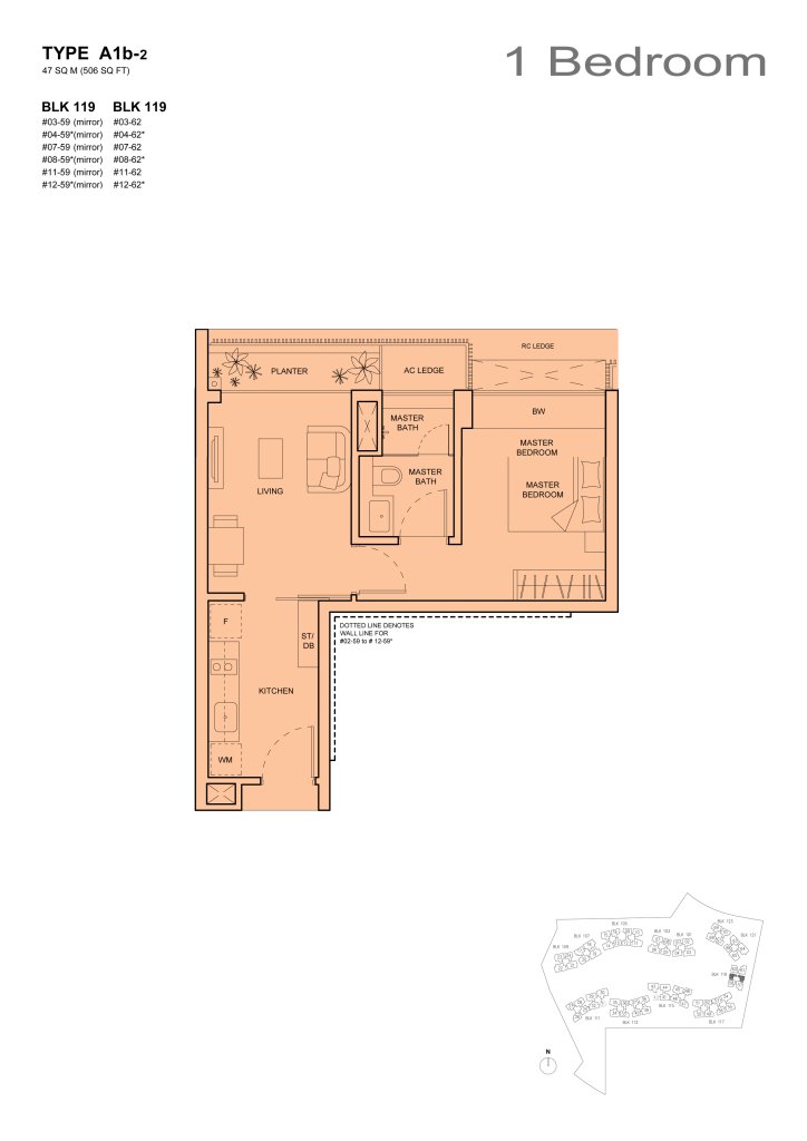 The Palette 1 bedroom floor plan, 506 sqft, Type A1b