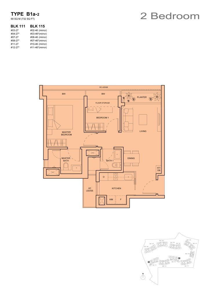 The Palette 2 bedroom floor plan, 732 sqft, Type B1a