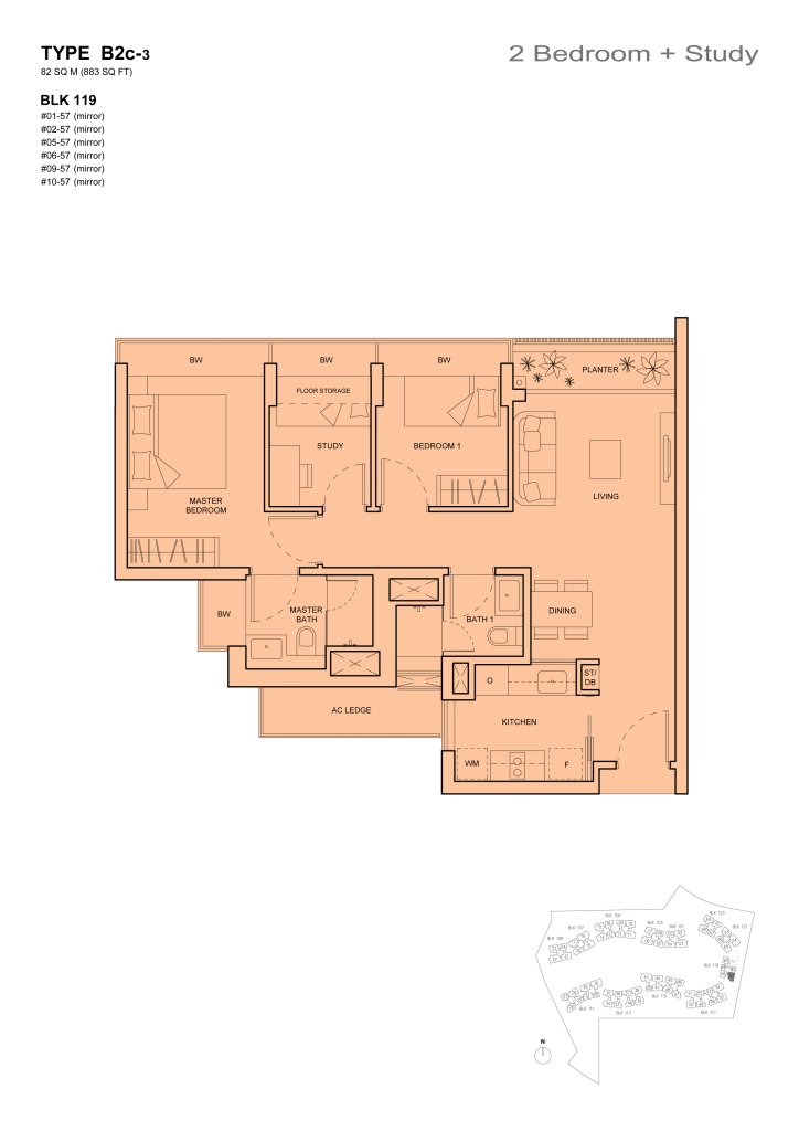 The Palette 2 bedroom floor plan, 883 sqft, Type B2c
