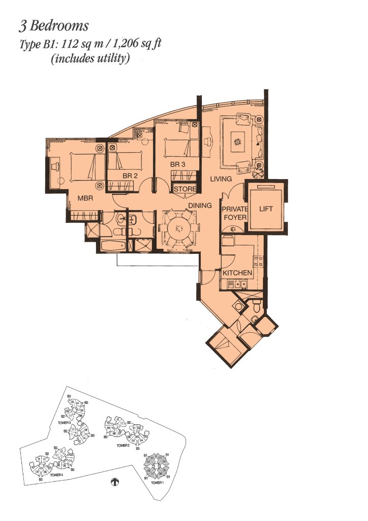 Palm Gardens floor plan 1,206 sqft Type B1
