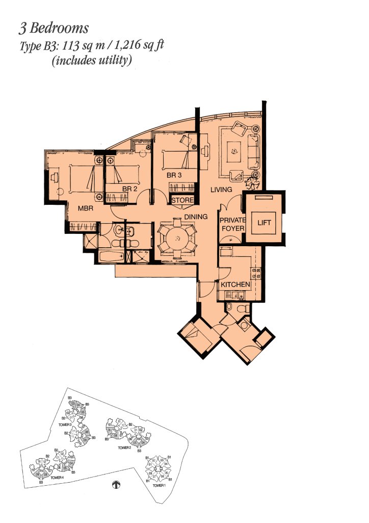 Palm Gardens floor plan 1,216 sqft Type B3