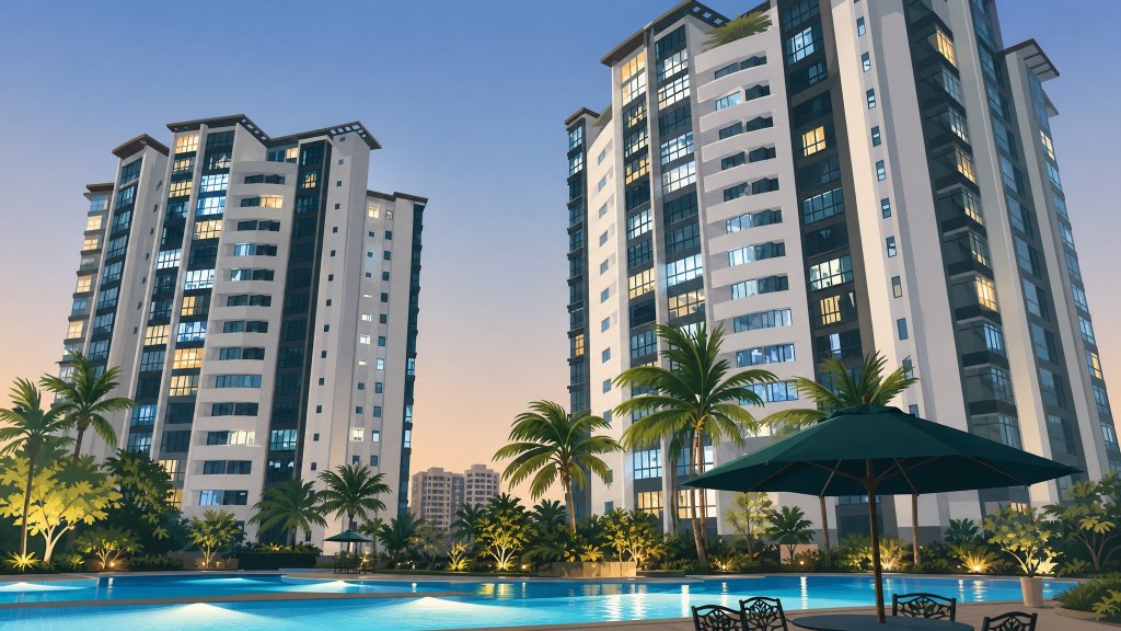 Palm Gardens towers and pool at dusk
