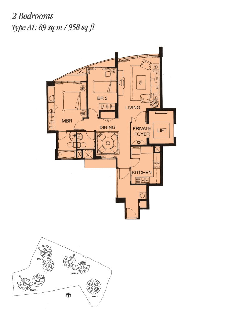 Palm Gardens floor plan 958 sqft Type A1