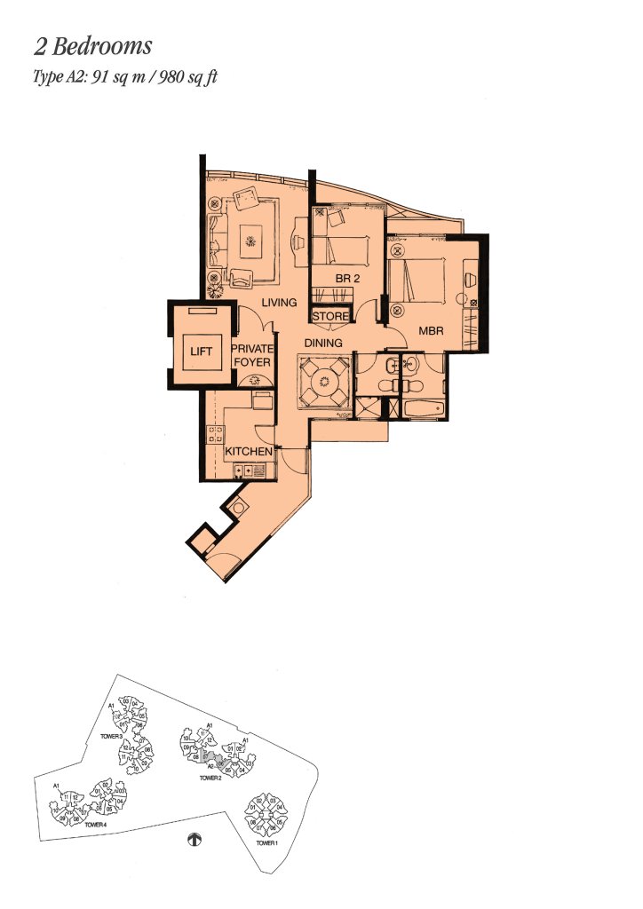 Palm Gardens floor plan 980 sqft Type A2