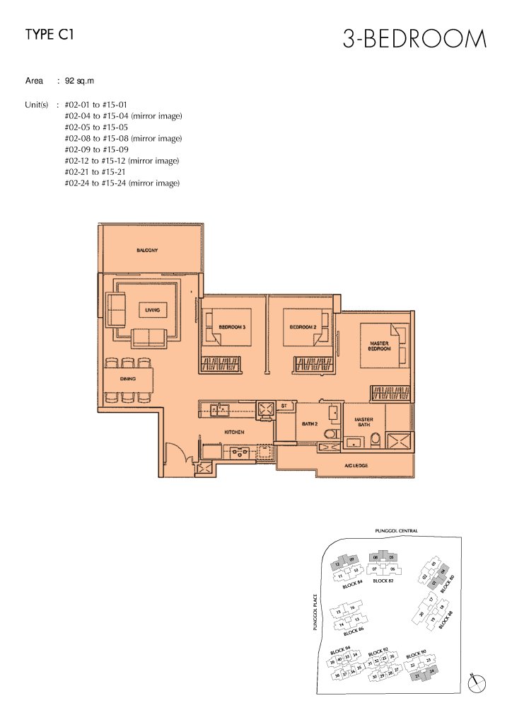 Parc Centros floor plan Type C1, 990 sqft, Punggol, Singapore