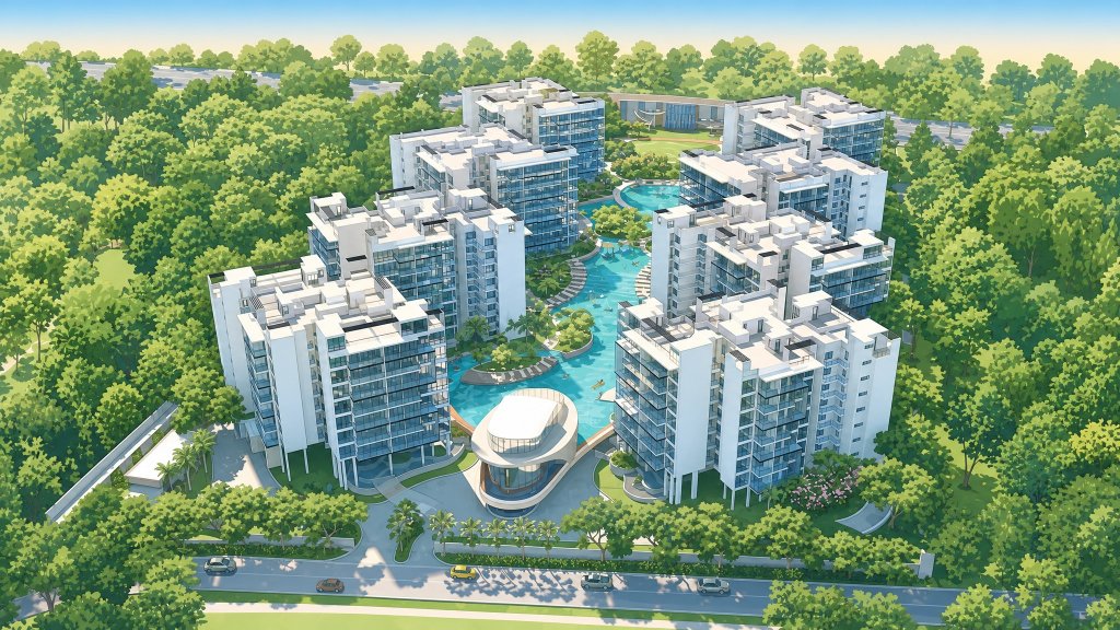 Parc Olympia aerial view of the pinwheel blocks and pool