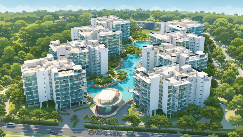 Parc Olympia aerial view of the estate amid the greenery