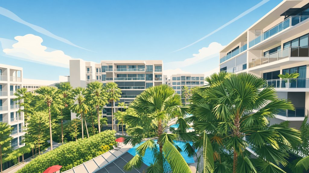Parc Olympia balcony view over the pool and palms