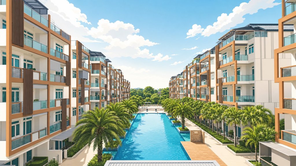 Parc Rosewood long pool between the low-rise blocks