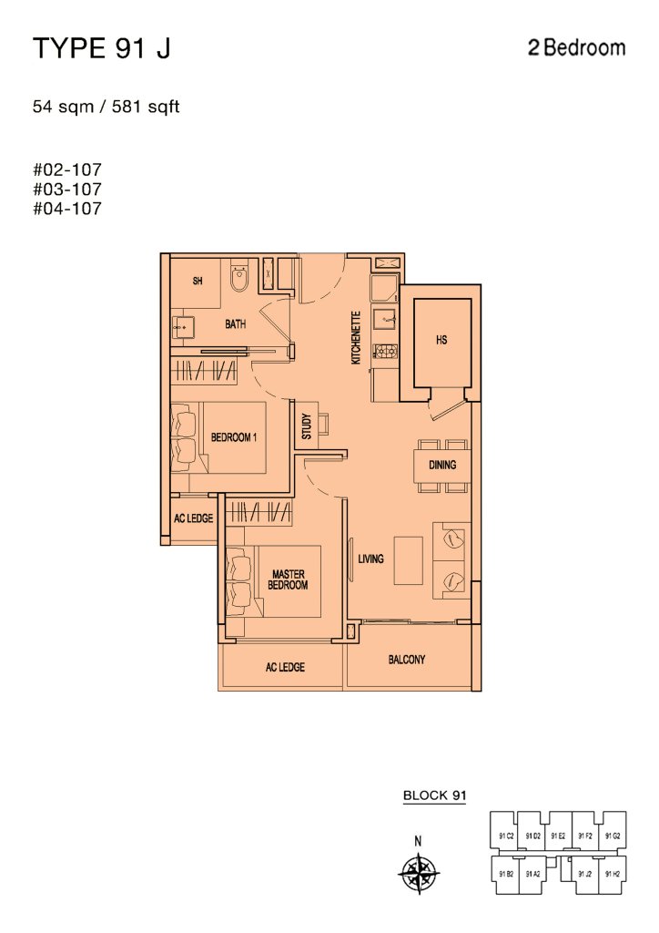 Parc Rosewood floor plan 91 sqft Type J