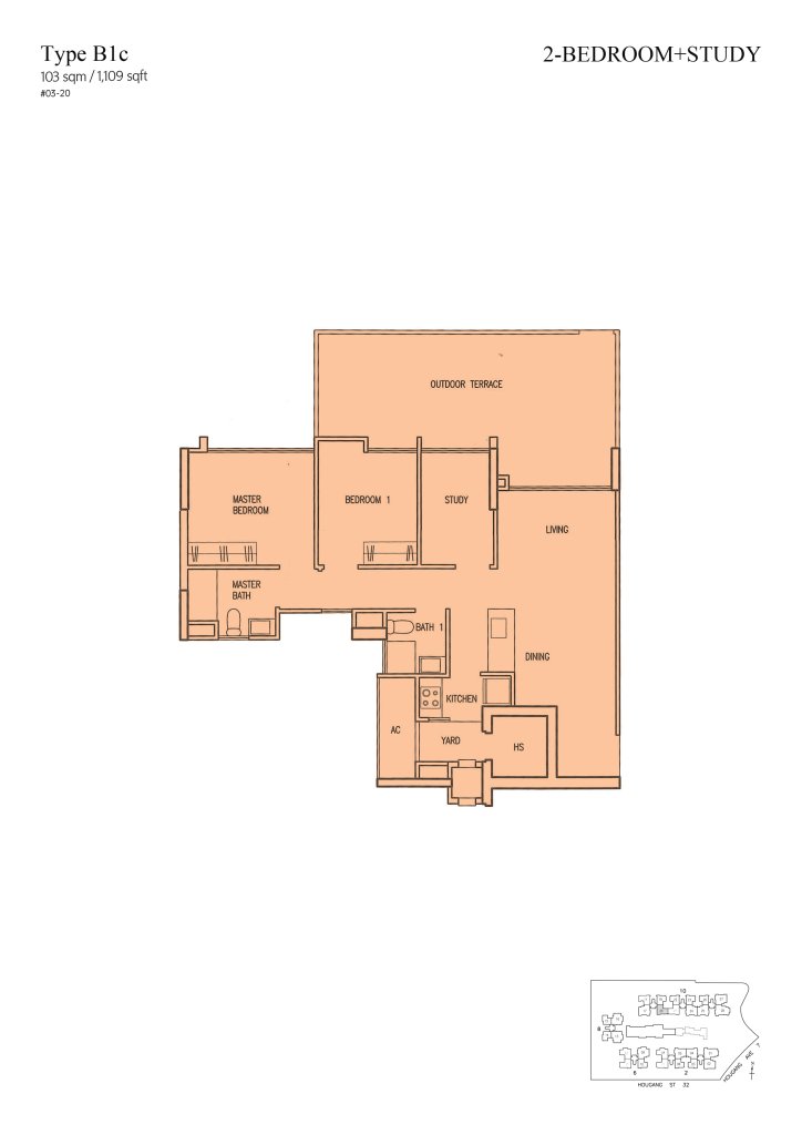 Parc Vera floor plan Type B1c, 1109 sqft, Hougang, Singapore
