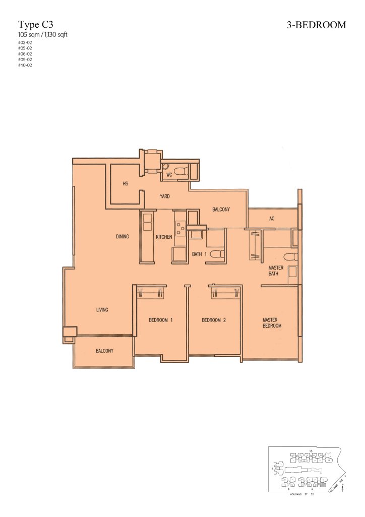 Parc Vera floor plan Type C3, 1130 sqft, Hougang, Singapore