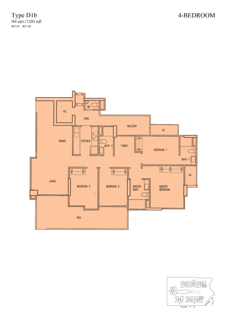 Parc Vera floor plan Type D1b, 1550 sqft, Hougang, Singapore