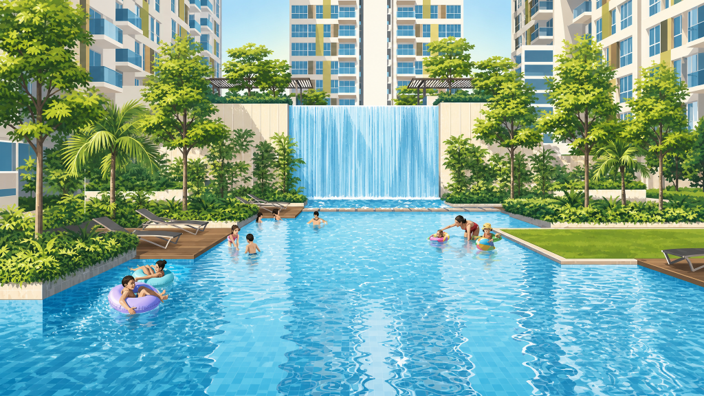 Parc Vera swimming pool with waterfall feature