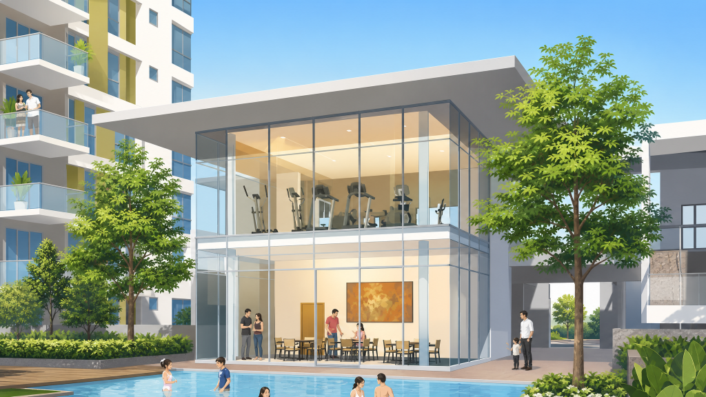 Parc Vera glass-fronted clubhouse and gym pavilion