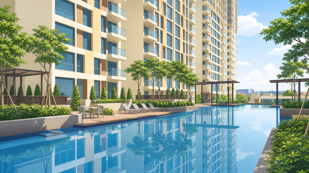Parc Vera swimming pool overlooking the waterway