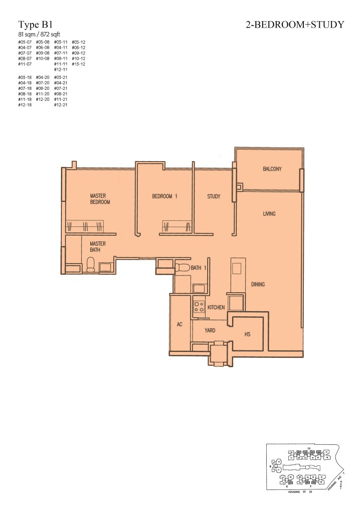 Parc Vera floor plan Type B1, 872 sqft, Hougang, Singapore