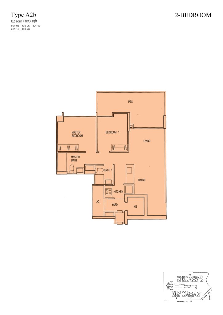 Parc Vera floor plan Type A2b, 883 sqft, Hougang, Singapore