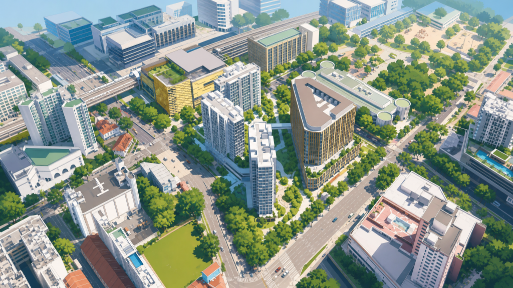 Park Place Residences aerial view of the towers and Paya Lebar Quarter