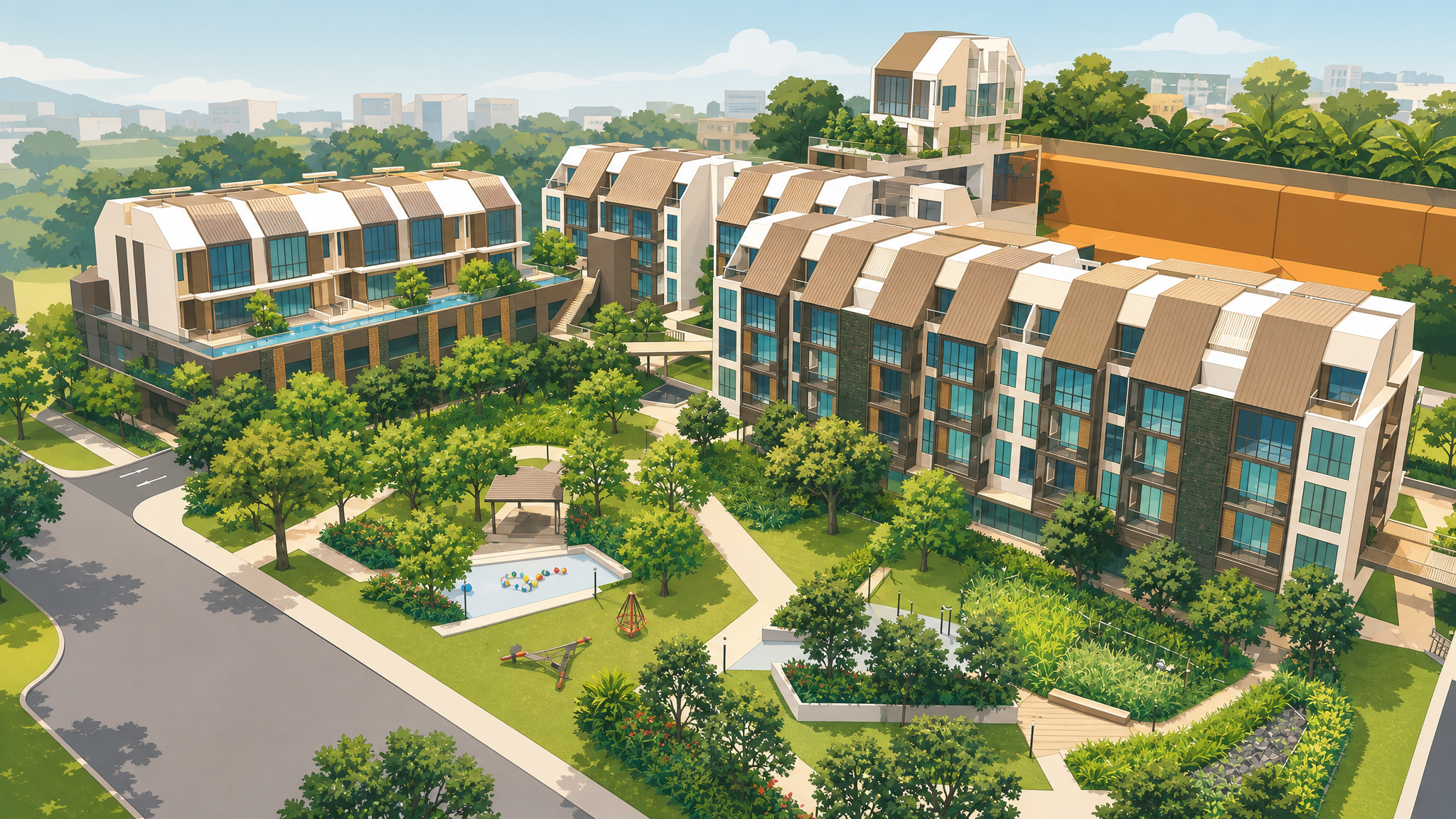 Parksuites aerial view of the low-rise blocks and gardens