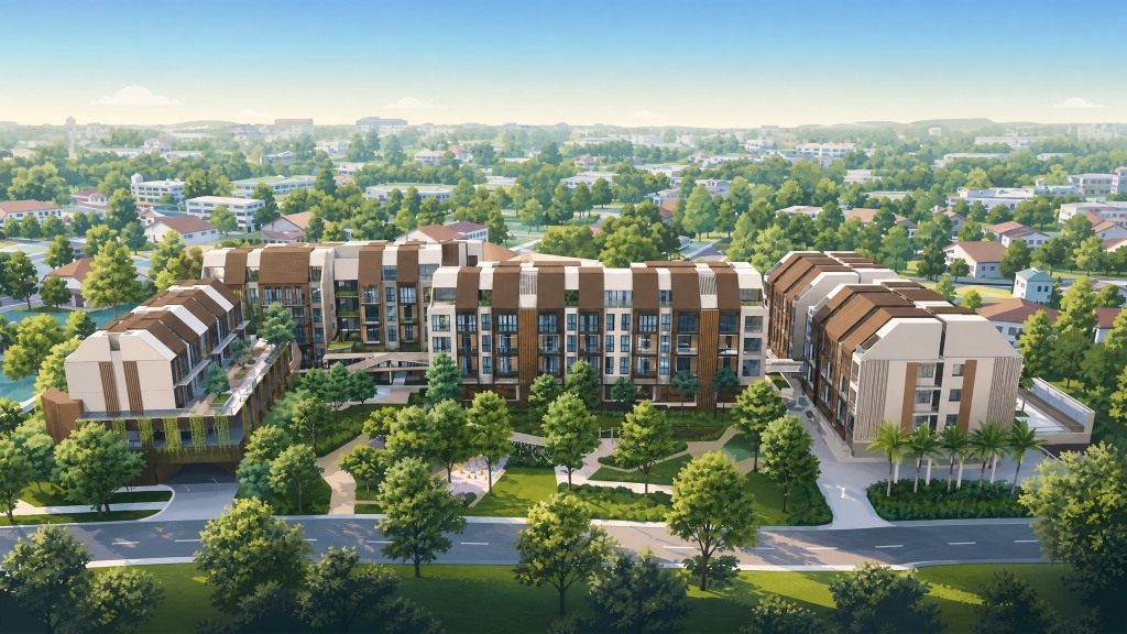 Parksuites aerial view of the estate and the neighbourhood