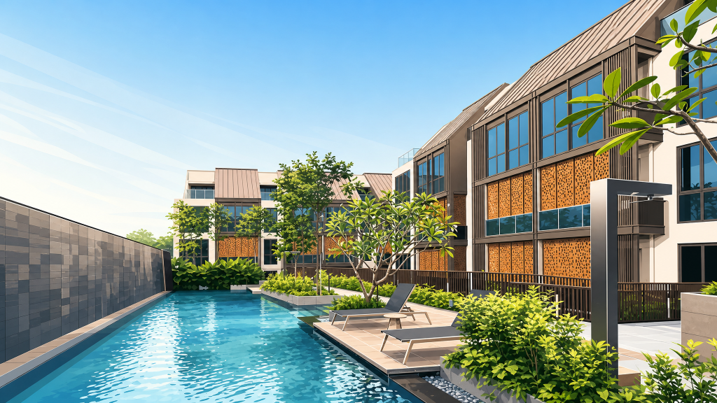 Parksuites pool deck and the block facade
