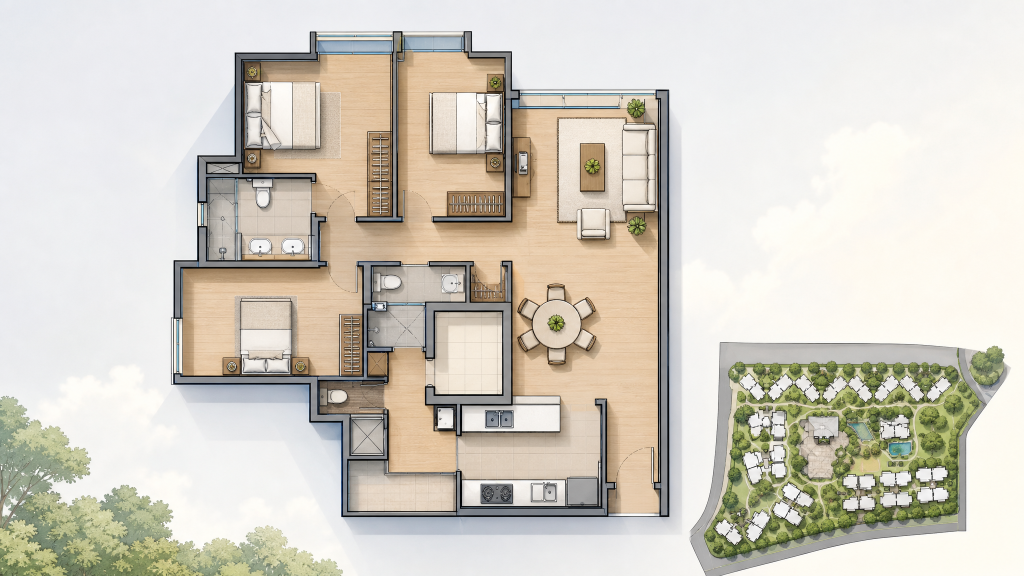 Rio Vista illustrated unit layout with the site outline, Hougang, Singapore