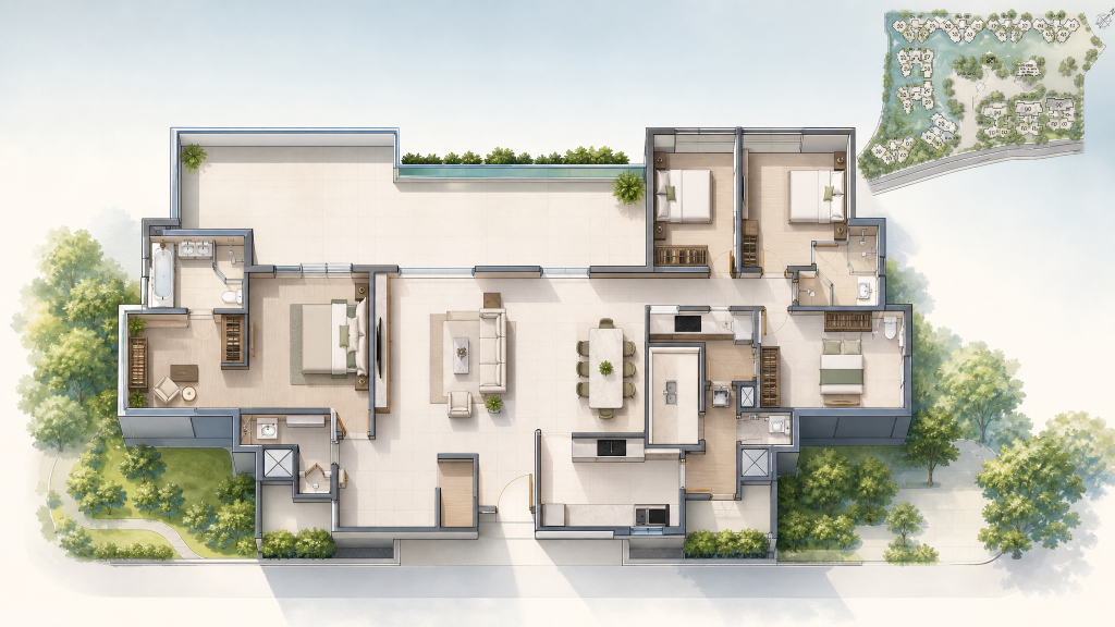 Rio Vista illustrated unit layout with the site outline, Hougang, Singapore