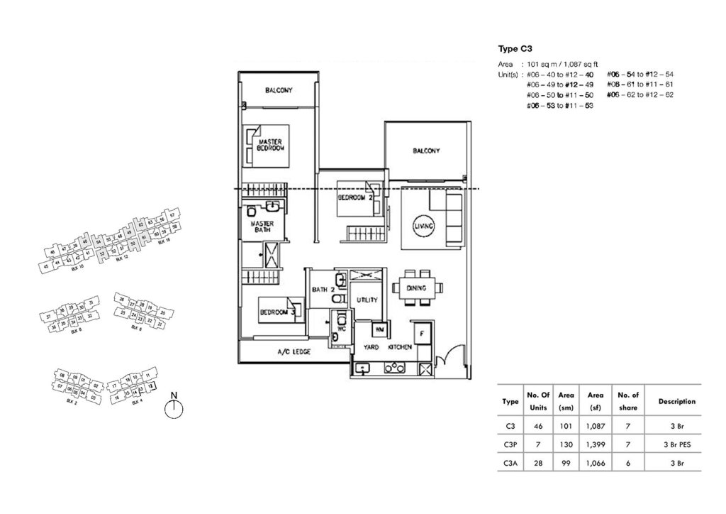 Ripple Bay 3 bedroom floor plan, 1,087 sqft, Type C3