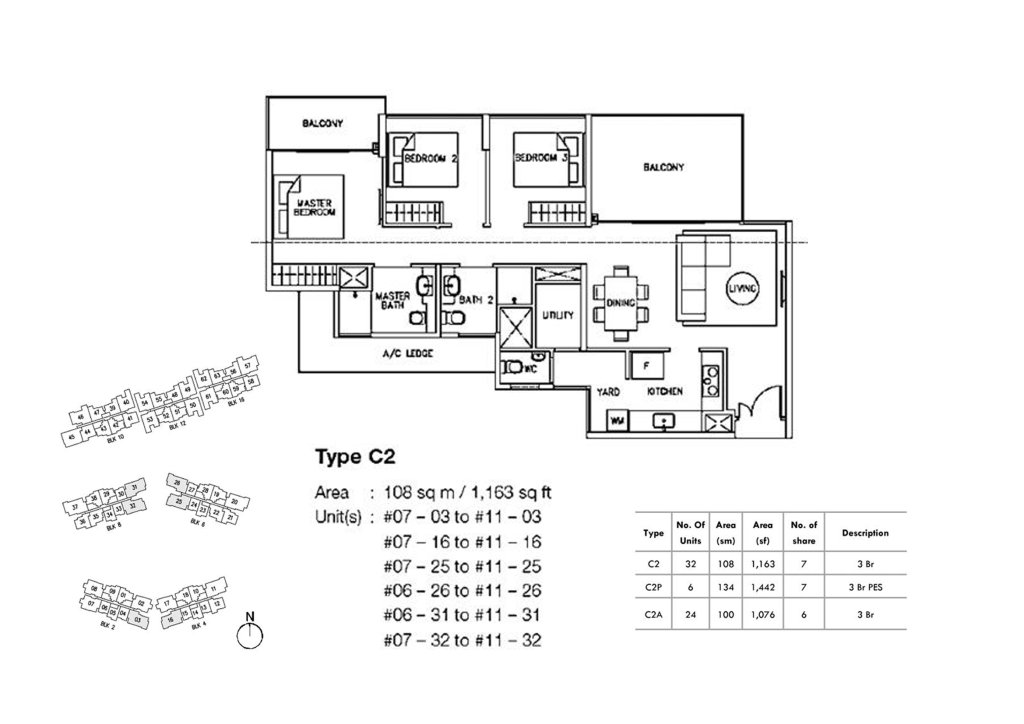 Ripple Bay 3 bedroom floor plan, 1,163 sqft, Type C2