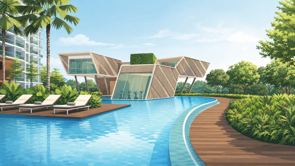 Ripple Bay lap pool and clubhouse
