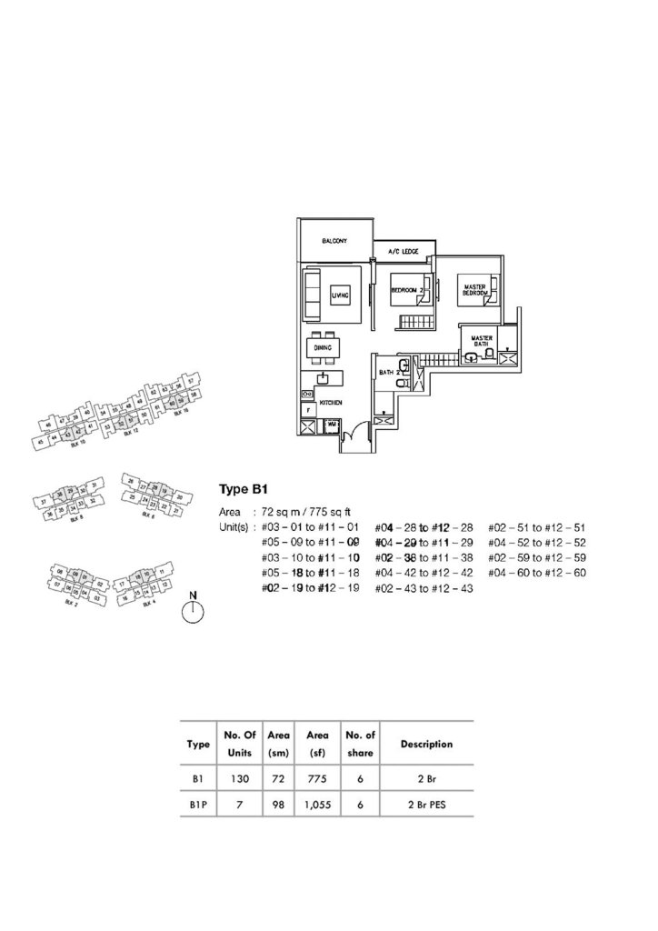 Ripple Bay 2 bedroom floor plan, 775 sqft, Type B1