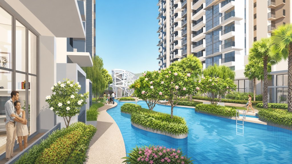 Riverbank at Fernvale pool and towers with the glass pavilion