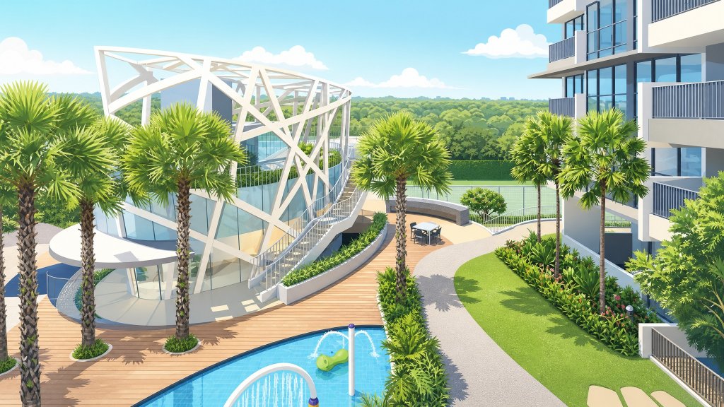 Riverbank at Fernvale faceted glass clubhouse and pool deck