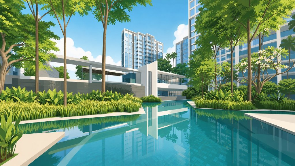 Riverbank at Fernvale reflecting pool between the blocks
