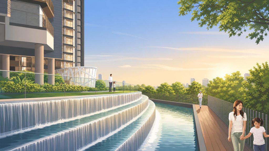 Riverbank at Fernvale cascading water terraces and the riverside walk