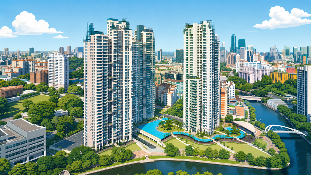 Rivergate aerial view of the towers beside the river
