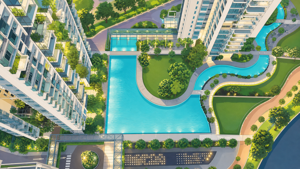 Rivergate aerial view of the pool and the riverside gardens